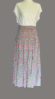 Natural Life Smocked Pastel Ditsy Floral Tiered Maxi Skirt Slit Cottagecore S